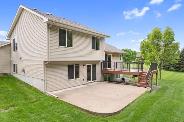 18358 Jenkins St NE, East Bethel, MN 55011 - rear view of house with a patio area, a wooden deck, a lawn, stairs, and a shingled roof