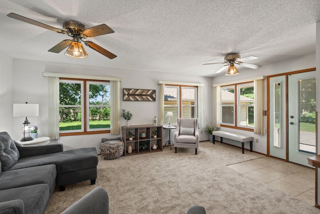 8170 113th St S, Cottage Grove, MN 55016 - carpeted living room featuring a ceiling fan and a textured ceiling