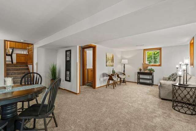 8170 113th St S, Cottage Grove, MN 55016 - dining space with light carpet, stairway, and baseboards