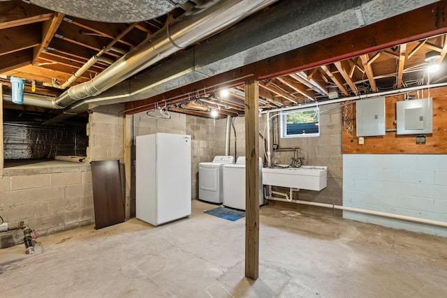 8170 113th St S, Cottage Grove, MN 55016 - below grade area featuring freestanding refrigerator, electric panel, separate washer and dryer, and a sink