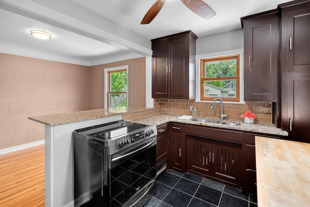 5749 Pleasant Ave S, Minneapolis, MN 55419 - kitchen with black / electric stove, a sink, decorative backsplash, dark brown cabinetry, and ornamental molding