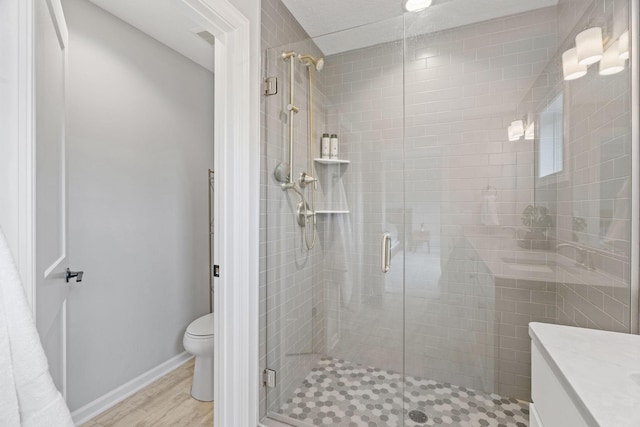 7137 61st St S, Cottage Grove, MN 55016 - full bathroom featuring a shower stall, toilet, wood finished floors, and vanity