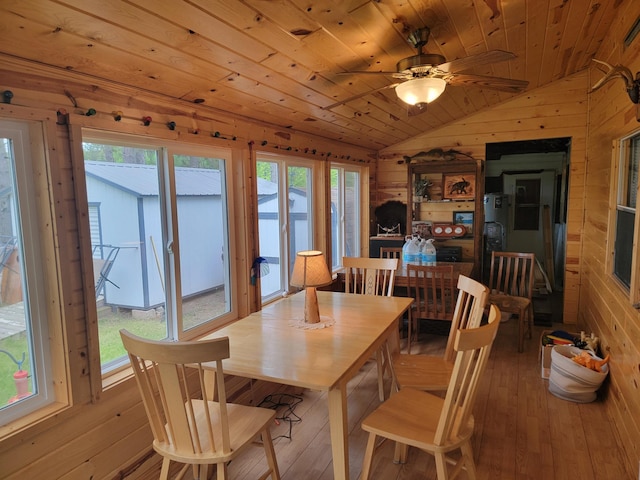 32360 215th Ln Lot A1, Isle, MN 56342 - dining room with wooden walls, wooden ceiling, vaulted ceiling, hardwood / wood-style floors, and ceiling fan