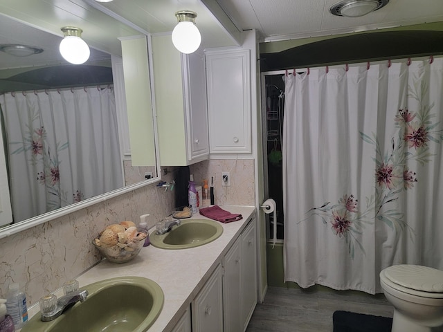 32360 215th Ln Lot A1, Isle, MN 56342 - full bath featuring double vanity, decorative backsplash, wood finished floors, and toilet