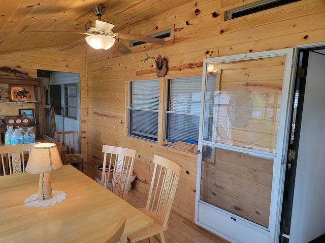 32360 215th Ln Lot A1, Isle, MN 56342 - dining space with wooden walls, wooden ceiling, ceiling fan, and wood finished floors