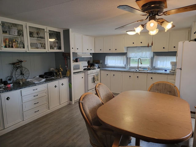 32360 215th Ln Lot A1, Isle, MN 56342 - kitchen featuring a sink, white appliances, a ceiling fan, dark wood finished floors, and under cabinet range hood