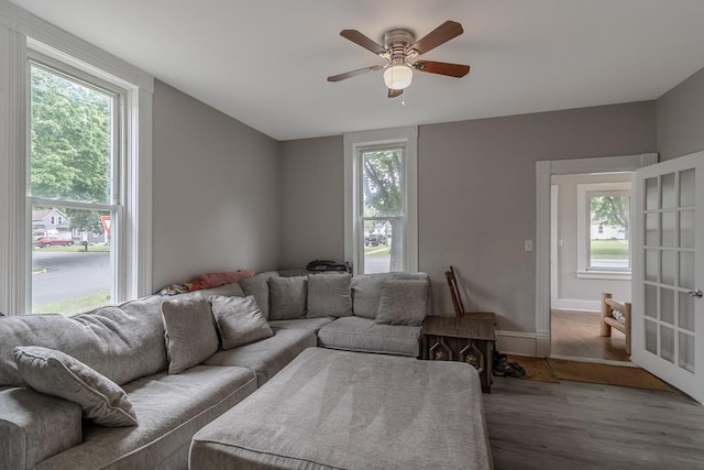 202 Adams St, Arlington, MN 55307 - living room featuring wood finished floors, healthy amount of natural light, ceiling fan, and baseboards