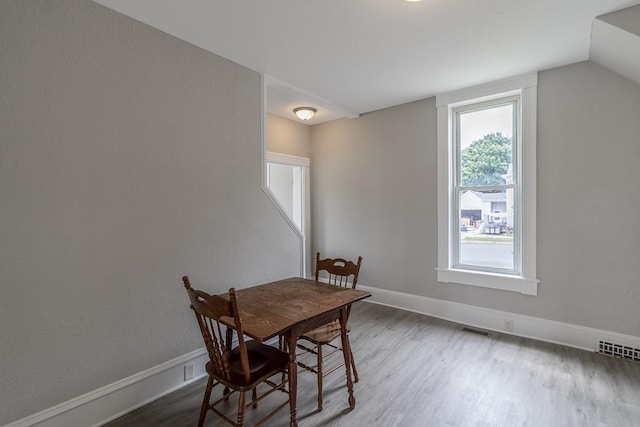 202 Adams St, Arlington, MN 55307 - dining space with wood finished floors, baseboards, and lofted ceiling