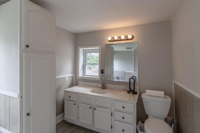 202 Adams St, Arlington, MN 55307 - bathroom with wainscoting, vanity, toilet, wooden walls, and wood finished floors