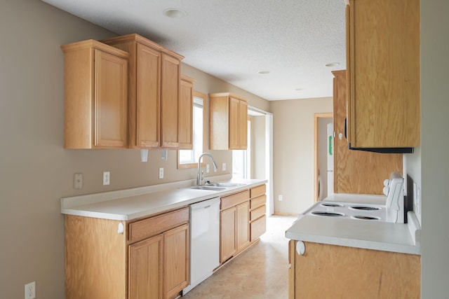 3003 Cutters Grove Ave, Anoka, MN 55303 - kitchen featuring white appliances, a sink, light countertops, a textured ceiling, and light brown cabinetry