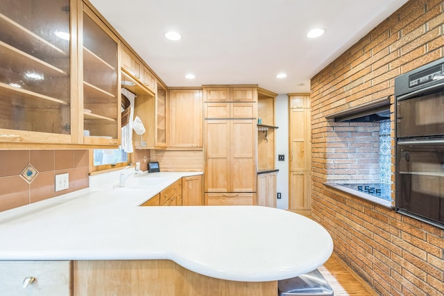 816 Glenbrook Ave N, Oakdale, MN 55128 - kitchen with light brown cabinetry, a sink, tasteful backsplash, open shelves, and recessed lighting