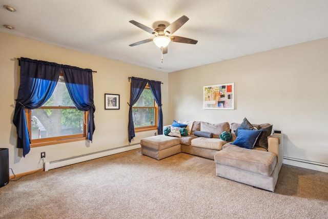 816 Glenbrook Ave N, Oakdale, MN 55128 - carpeted living area featuring baseboard heating, a ceiling fan, and baseboards