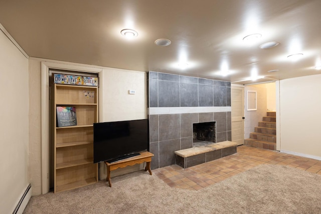 816 Glenbrook Ave N, Oakdale, MN 55128 - living area featuring baseboard heating, stairway, and a fireplace
