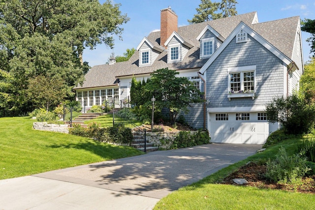 14 Forest Dale Rd, Minneapolis, MN 55410 - view of front of house featuring concrete driveway, an attached garage, a front yard, a chimney, and a shingled roof