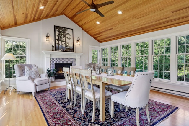 14 Forest Dale Rd, Minneapolis, MN 55410 - dining space with wooden ceiling, vaulted ceiling, a fireplace, plenty of natural light, and ceiling fan