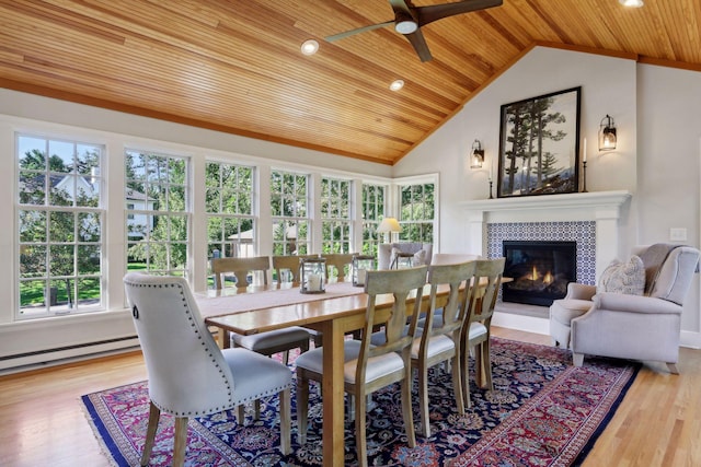 14 Forest Dale Rd, Minneapolis, MN 55410 - dining area with wood ceiling, a tiled fireplace, wood finished floors, ceiling fan, and vaulted ceiling