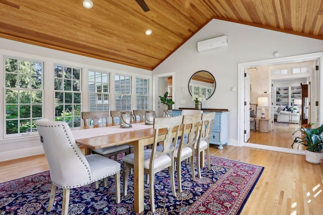 14 Forest Dale Rd, Minneapolis, MN 55410 - dining space featuring wooden ceiling, a wall unit AC, lofted ceiling, light wood finished floors, and baseboards
