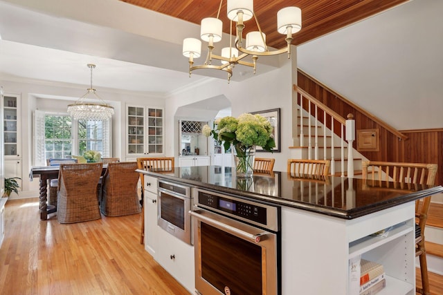 14 Forest Dale Rd, Minneapolis, MN 55410 - kitchen featuring a chandelier, oven, dark countertops, open shelves, and wooden ceiling
