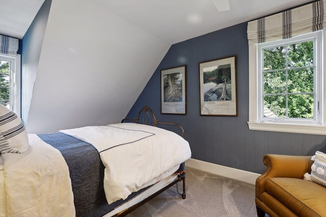 14 Forest Dale Rd, Minneapolis, MN 55410 - bedroom featuring carpet floors, multiple windows, baseboards, vaulted ceiling, and ceiling fan