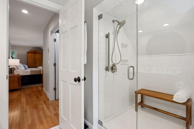 14 Forest Dale Rd, Minneapolis, MN 55410 - ensuite bathroom with a shower stall, wood finished floors, and recessed lighting