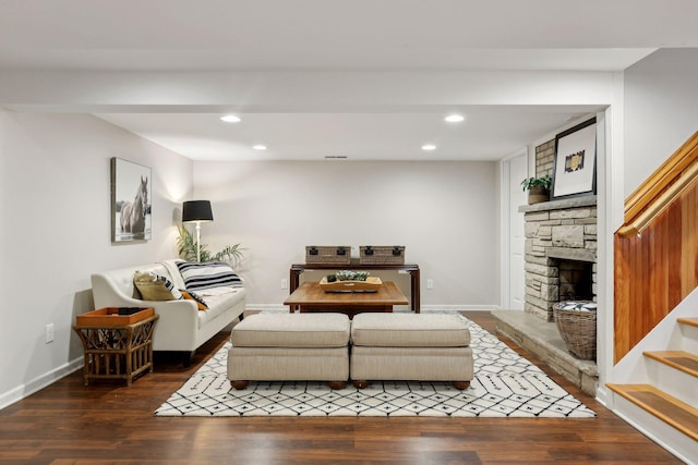 14 Forest Dale Rd, Minneapolis, MN 55410 - living area with a fireplace, wood finished floors, recessed lighting, baseboards, and stairs