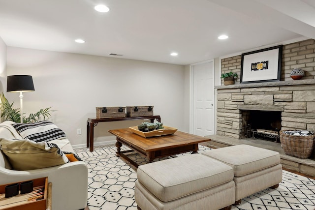 14 Forest Dale Rd, Minneapolis, MN 55410 - living area with a stone fireplace, recessed lighting, and baseboards