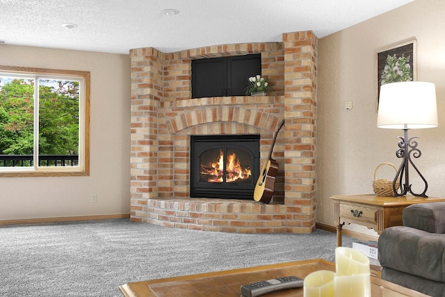 843 Northdale Blvd NW, Coon Rapids, MN 55448 - living room featuring baseboards, carpet flooring, a textured ceiling, and a fireplace