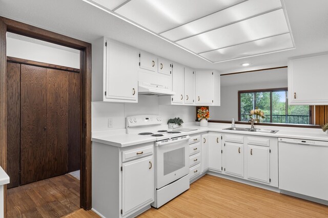 9700 Portland Ave S Unit 237, Bloomington, MN 55420 - kitchen with white appliances, under cabinet range hood, light wood-style floors, light countertops, and a sink