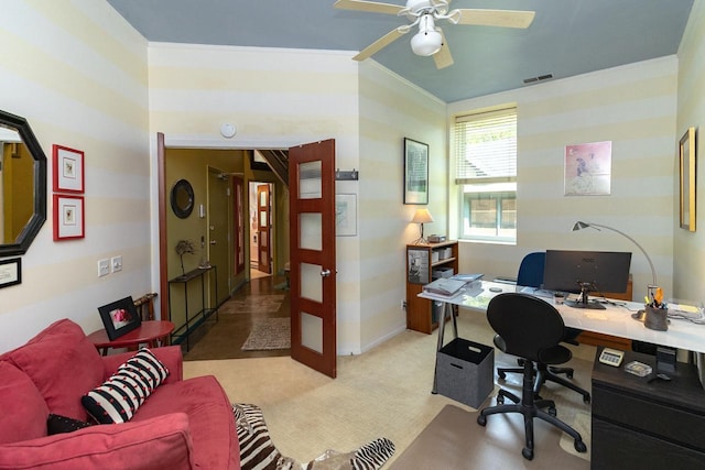 512 Laurel Ave Unit 1, Saint Paul, MN 55102 - office area featuring wallpapered walls, crown molding, a ceiling fan, and carpet floors