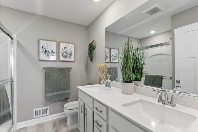 1141 Middlefield Rd, Medina, MN 55340 - bathroom with toilet, double vanity, recessed lighting, a shower with door, and baseboards
