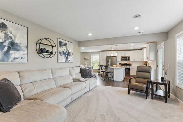 1141 Middlefield Rd, Medina, MN 55340 - living area with recessed lighting, baseboards, dark wood-style floors, and dark colored carpet