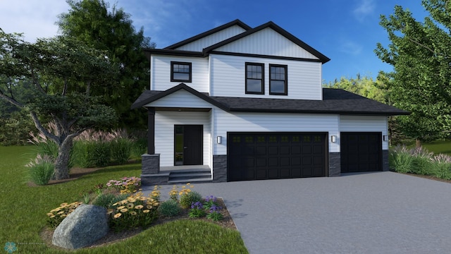 8378 62nd St S, Horace, ND 58047 - view of front facade with stone siding, concrete driveway, an attached garage, and a front yard