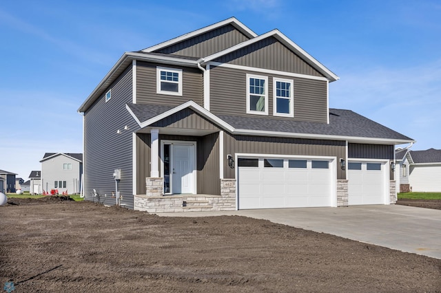 8378 62nd St S, Horace, ND 58047 - craftsman-style house with driveway, stone siding, roof with shingles, and a garage