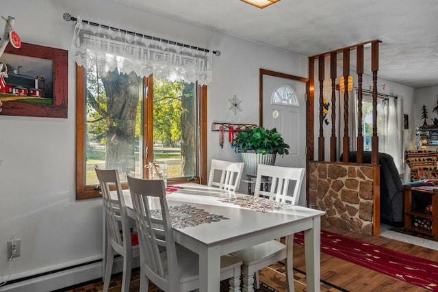 208 1st Ave NE, Geneva, MN 56035 - dining area featuring wood finished floors and a baseboard heating unit