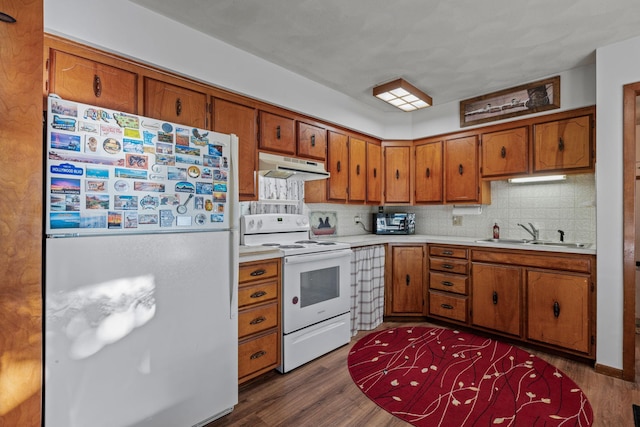 208 1st Ave NE, Geneva, MN 56035 - kitchen with white appliances, a sink, under cabinet range hood, and brown cabinetry
