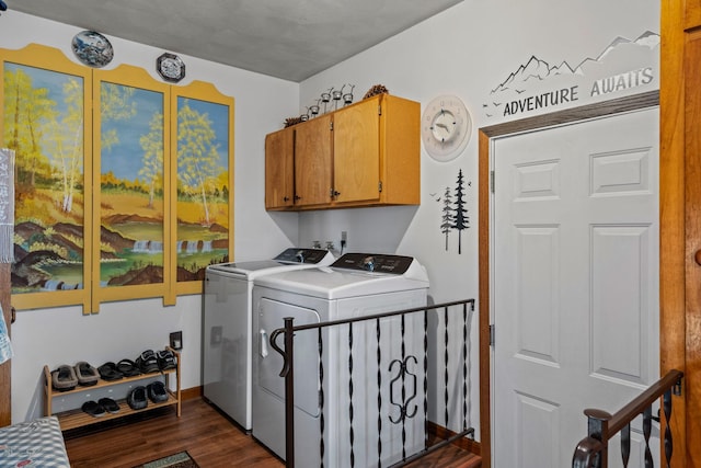 208 1st Ave NE, Geneva, MN 56035 - laundry room featuring separate washer and dryer, dark wood-type flooring, cabinet space, and baseboards
