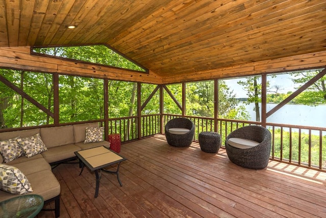 19260 Lakewood Dr, Deerwood Twp, MN 56444 - sunroom featuring vaulted ceiling and outdoor lounge area