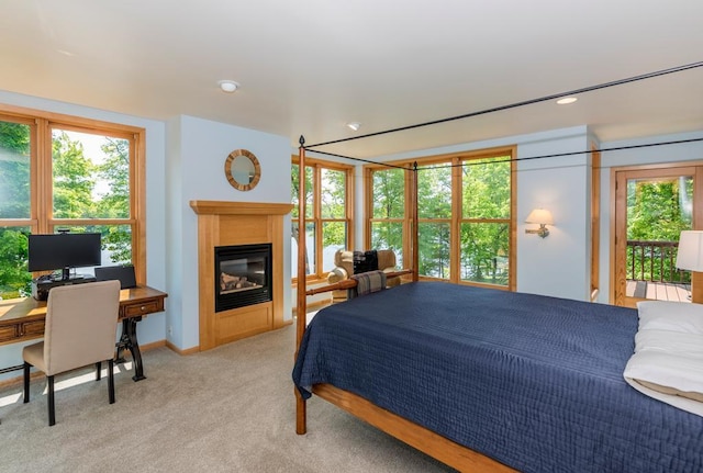19260 Lakewood Dr, Deerwood Twp, MN 56444 - bedroom featuring a glass covered fireplace, light colored carpet, and a desk