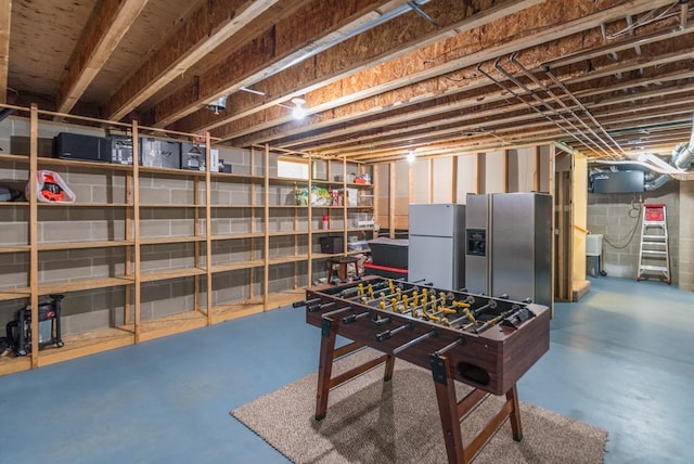 19260 Lakewood Dr, Deerwood Twp, MN 56444 - unfinished basement with freestanding refrigerator and stainless steel fridge with ice dispenser
