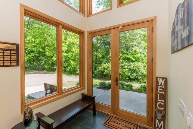 19260 Lakewood Dr, Deerwood Twp, MN 56444 - doorway featuring healthy amount of natural light and dark tile patterned floors