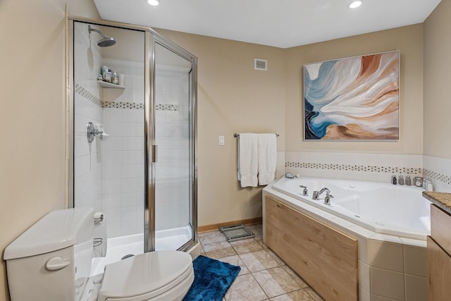 198 Elm St, Saint Paul, MN 55102 - bathroom featuring a stall shower, toilet, a bath, tile patterned floors, and baseboards