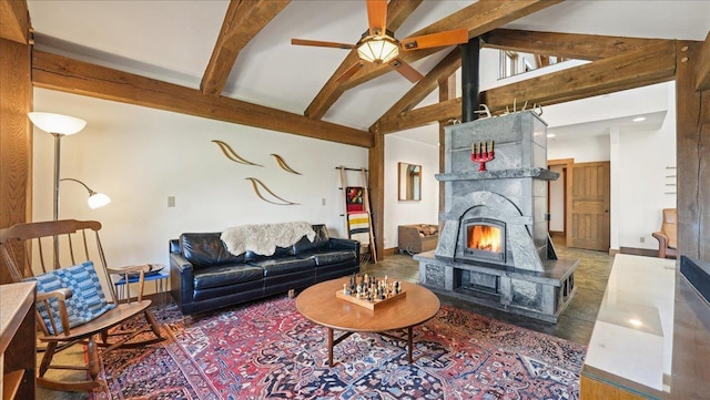 N30732 Square Bluff Rd, Blair, WI 54616 - living room with beamed ceiling, high vaulted ceiling, ceiling fan, and baseboards