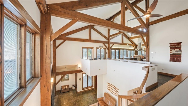 N30732 Square Bluff Rd, Blair, WI 54616 - stairway featuring high vaulted ceiling, baseboards, and beam ceiling