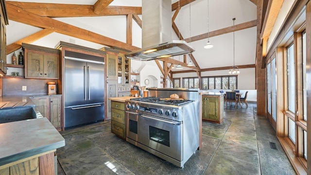 N30732 Square Bluff Rd, Blair, WI 54616 - kitchen featuring high end appliances, ventilation hood, high vaulted ceiling, open shelves, and beam ceiling