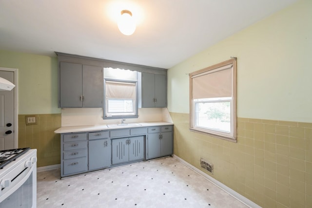 3425 Cleveland St NE, Minneapolis, MN 55418 - kitchen with gray cabinetry, tile walls, plenty of natural light, light floors, and a sink