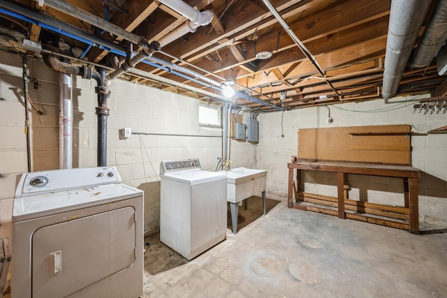 3425 Cleveland St NE, Minneapolis, MN 55418 - washroom with washer and dryer, electric panel, concrete block wall, and a workshop area