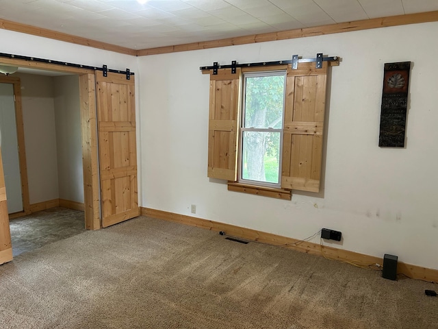 130 Tyler St, Tyler, MN 56178 - spare room featuring a barn door, carpet floors, and baseboards