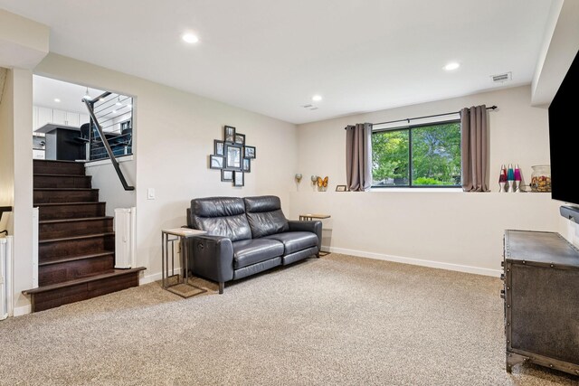 538 Silver Lake Rd NW, New Brighton, MN 55112 - living area featuring recessed lighting, carpet, baseboards, and stairs