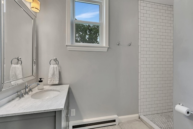 605 7th Ave N, Saint Cloud, MN 56303 - full bath featuring baseboard heating, a tile shower, and vanity