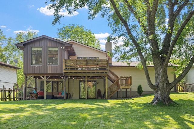 9645 Garrison Way, Eden Prairie, MN 55347 - back of house with a wooden deck, an outdoor hangout area, a chimney, and stairway